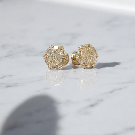 14K YG Diamond Luxury Hexagon Stud Earrings / 2.17gr / 10mm / 0.78Ct Dia
