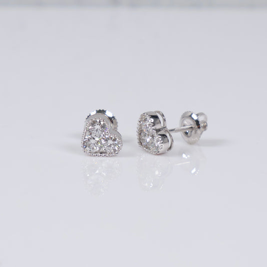 14K WG Lab Diamond Heart Stud Earrings / 1.86gr / 8mm / 1 CTTW Lab VS / E-F