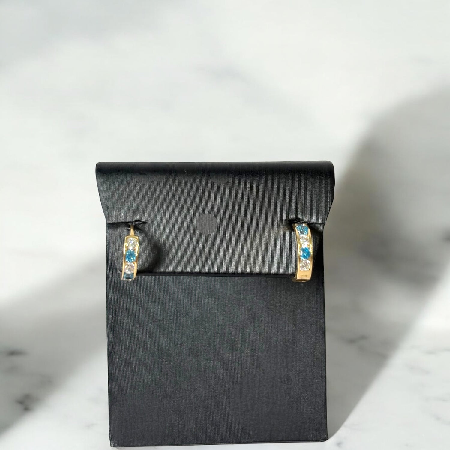 14K Yellow Gold Luxury Huggie Hoop Earrings With Sky Blue Zircons / 1gr