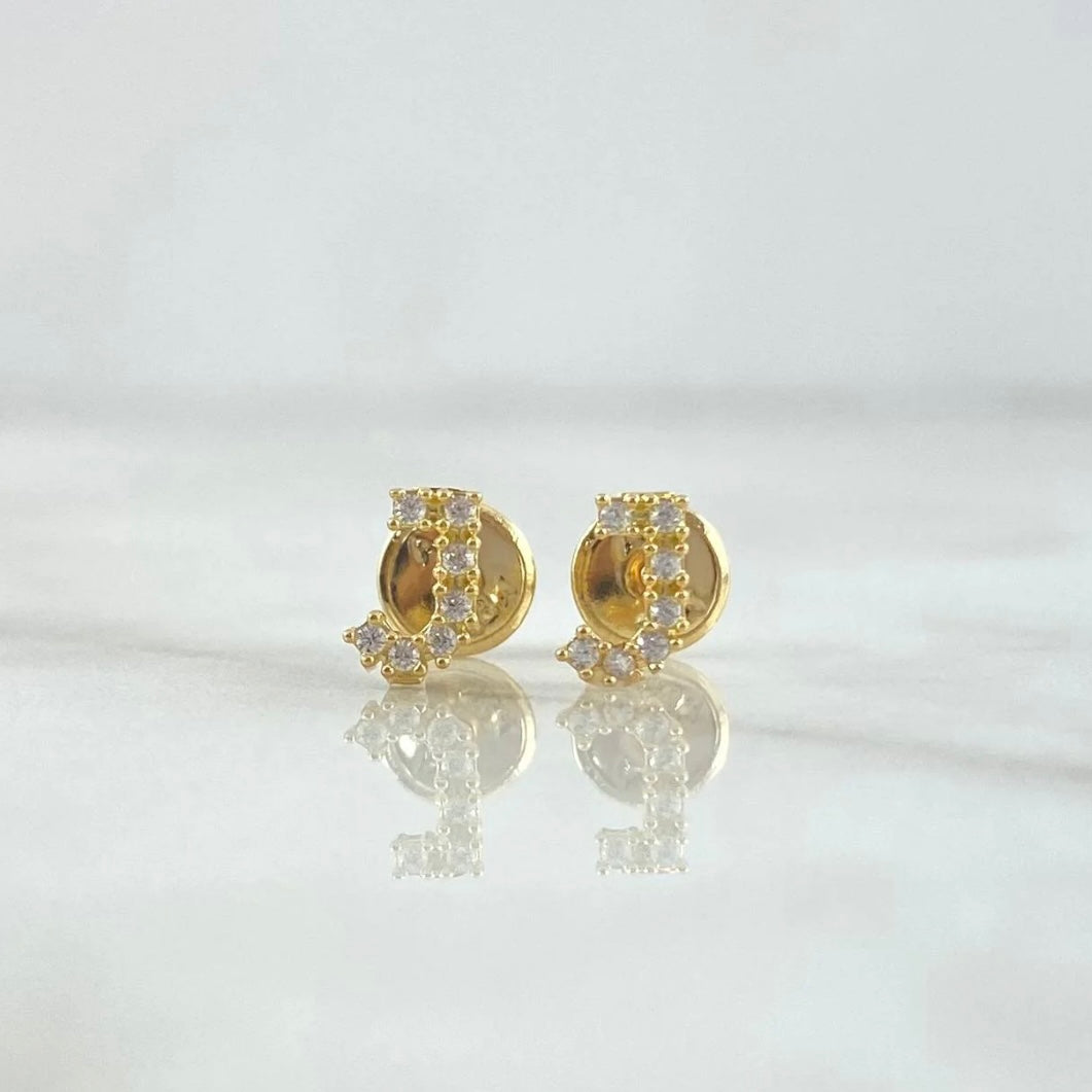 18K Yellow Gold Letter J Stud Earrings With Zircons / 0.6gr / 6mm