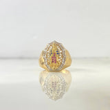 18K Yellow Gold Virgen De Guadalupe Ring With Blue/Pink/White Zircons / 7gr / Size 8.5