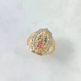 18K Yellow Gold Virgen De Guadalupe Ring With Blue/Pink/White Zircons / 7gr / Size 8.5