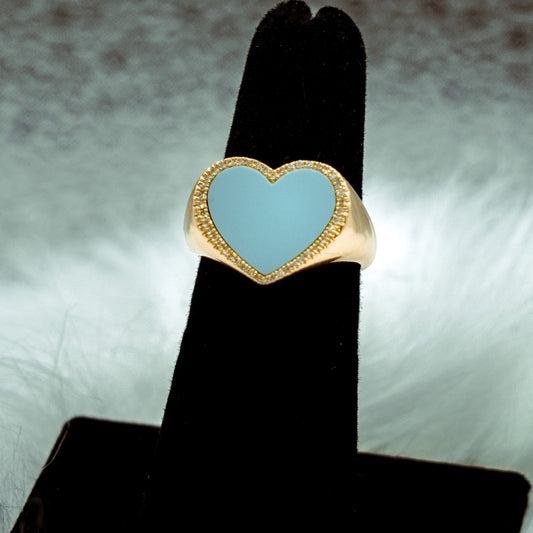 Blue Heart Ring 14K Yellow Gold With Diamonds / 6.2gr / Size 6