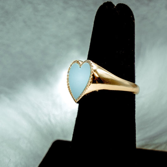 Blue Heart Ring 14K Yellow Gold With Diamonds / 6.2gr / Size 6
