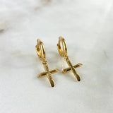 18K Yellow Gold Cross Smooth Hoop Earrings 3.6gr / 1.06in / 16mm