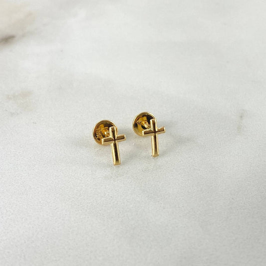 18K Yellow Gold Thin Cross Stud Earrings 0.5gr