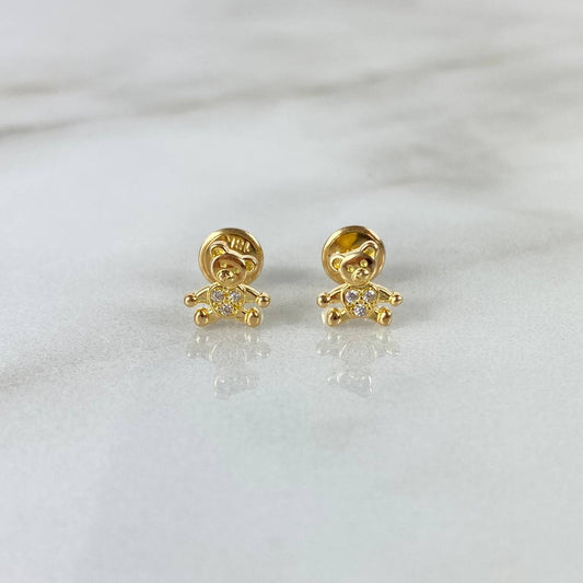 18K Yellow Gold Teddy Bear White Zircons Stud Earrings 1gr